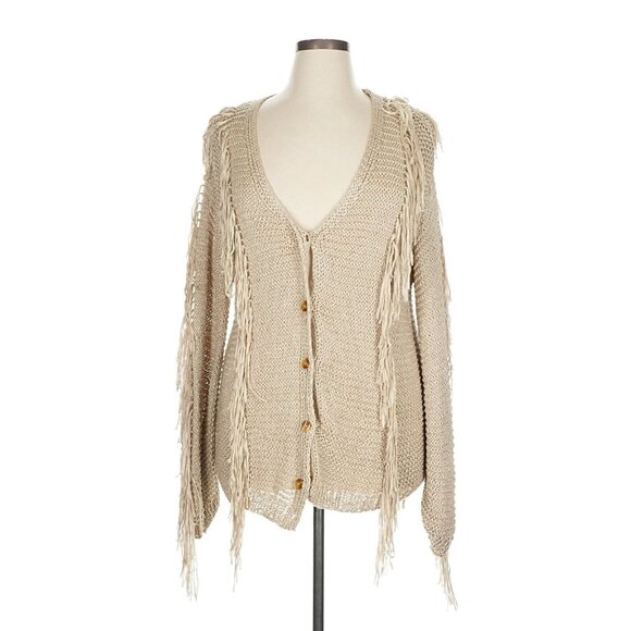 Farm Rio Sand Stripes Fringes Knit Cardigan Sz XL Button Up Boho Knitted NWT - Picture 4 of 9